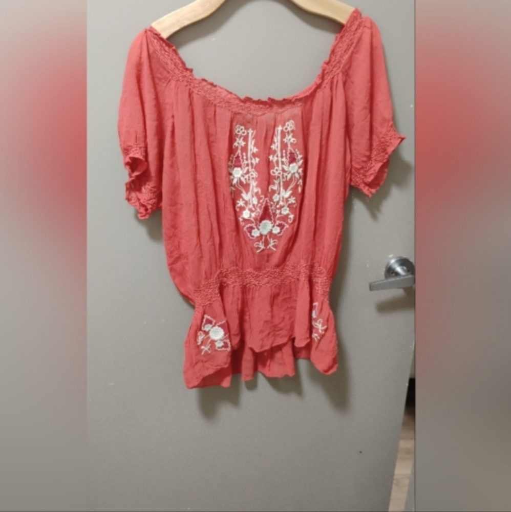 Joie Embroidered Smocked Silk Peasant Top Sz XS